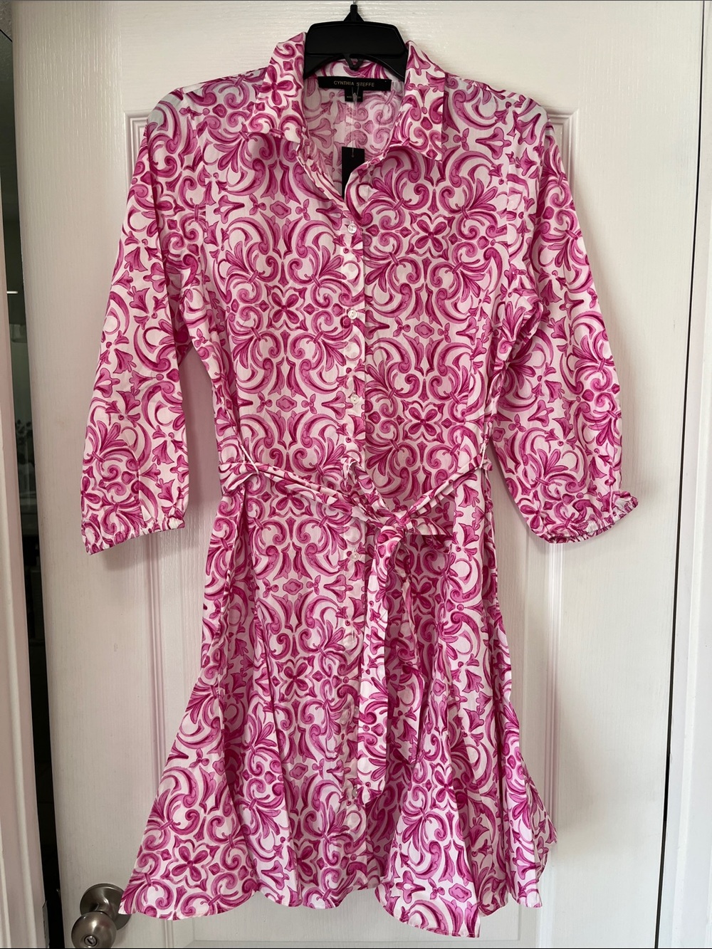 Cynthia Steffe Pink Patterned Shirt Dress with Tie Waist, NWT, M